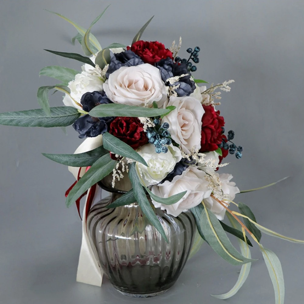 Свадебный букет в форме капли, ручной букет цветов, свадебная пара, свадебные аксессуары, свадебный букет на День святого Валентина, бордовый