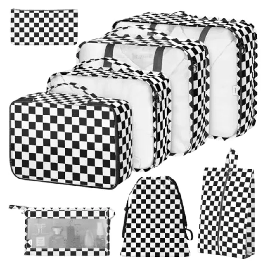 

8 Set Packing Cubes for Suitcases with Shoe Cosmetics Clothing Accessories Bags Travel Luggage Organizer in Black White Checker