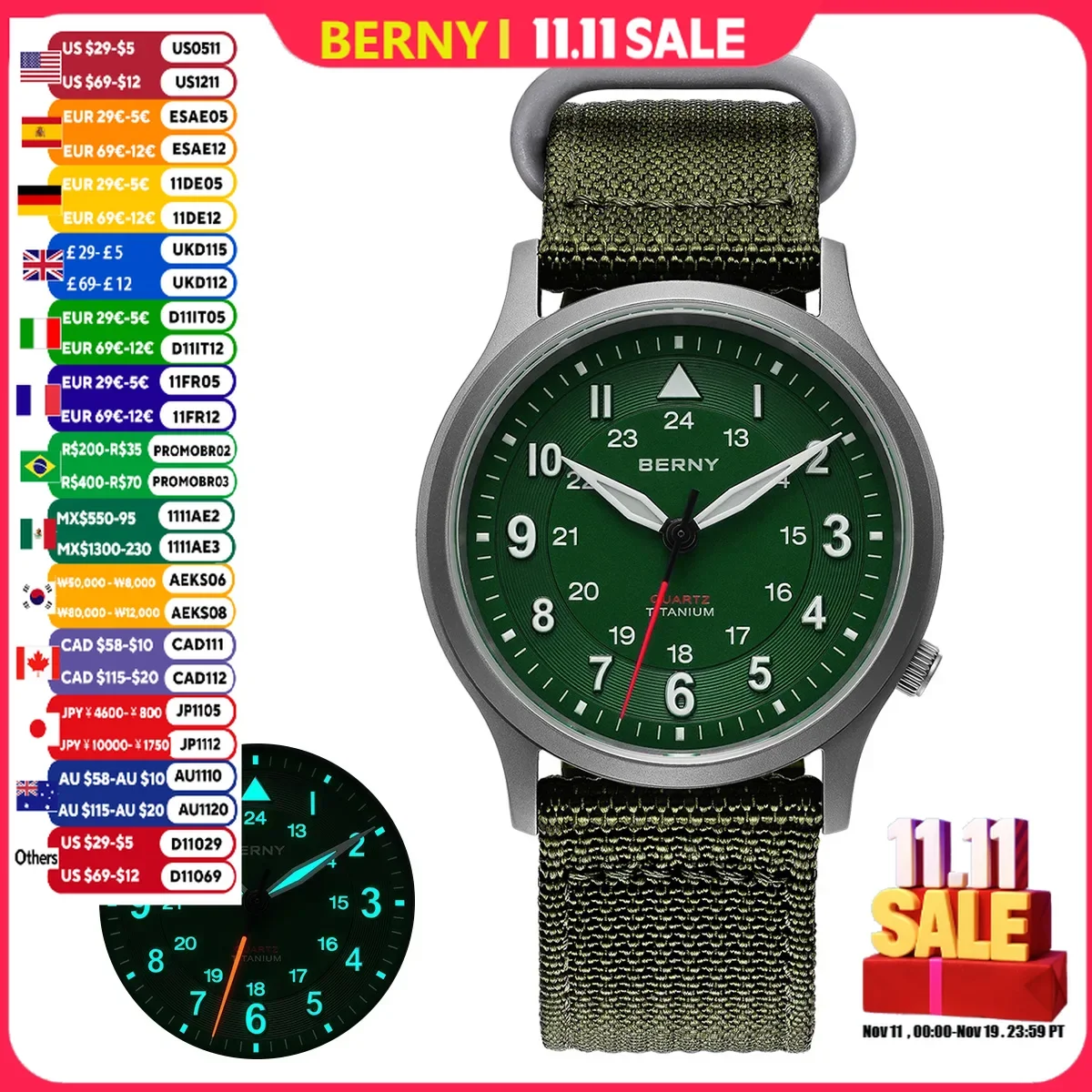 BERNY montres en titane pour hommes Super lumineux saphir pilote de terrain montre pour hommes montre-bracelet à Quartz extérieure légère 5ATM