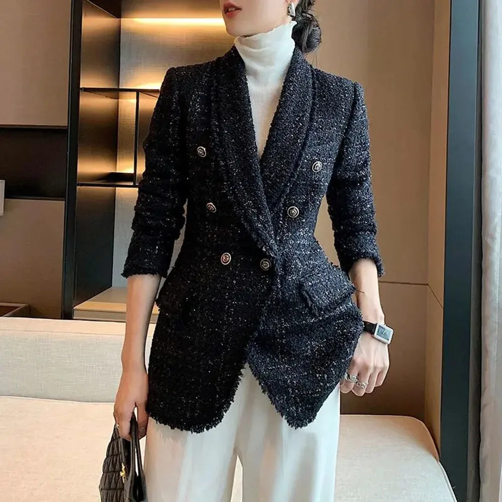 

High-quality Slim Suit Is Thin And Small Fragrance Jacket Women 2022 New Double-breasted Goddess Temperament Tweed Suit Jacket