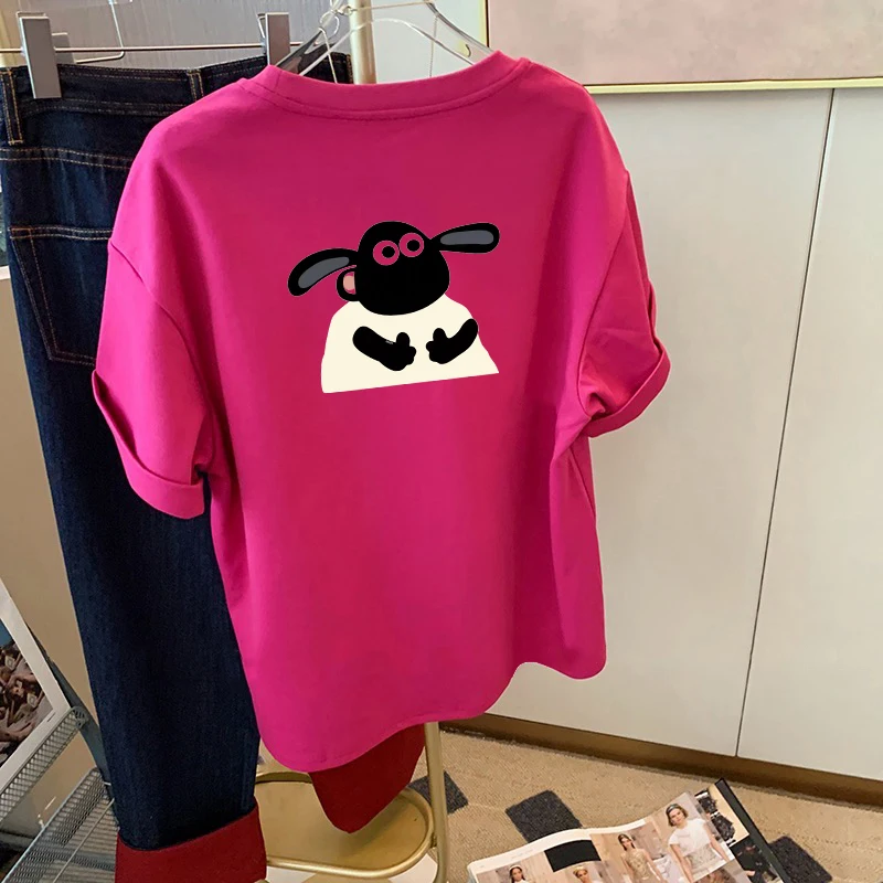 

American Style Loose Fit Cotton Short Sleeve T-Shirt Women's Summer Casual round Neck Top plus Size Cartoon Print Ins Trend