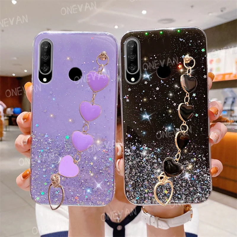 Luxury Glitter Wristband Love Heart Bracelet Phone Case For Huawei P30 Lite P20 Mate 20X Y7 Y9 Y6P Y7P Y7A Y9A Y9S Bumper Cover