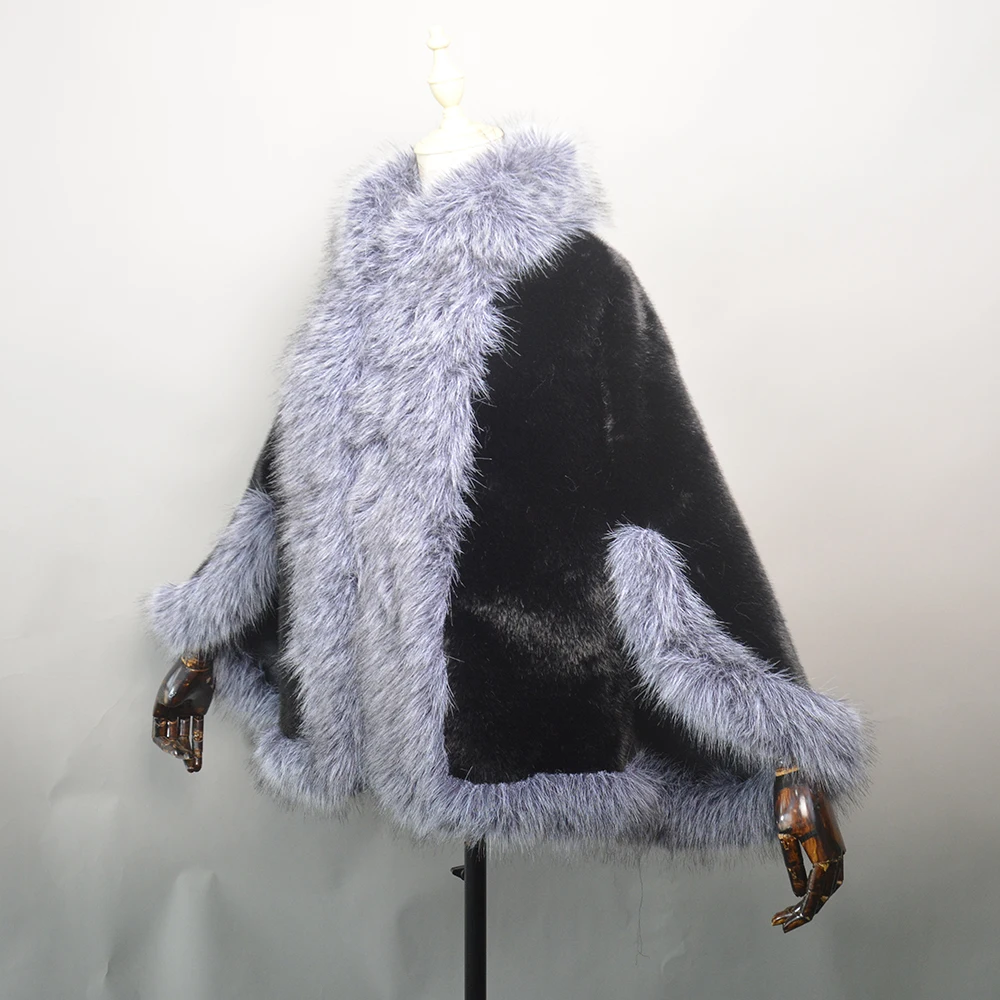 New Knitted Fake Mink Fur Shawl Coat With Fake Fox Fur Collar Women's Fashion Knit Jacket Cape