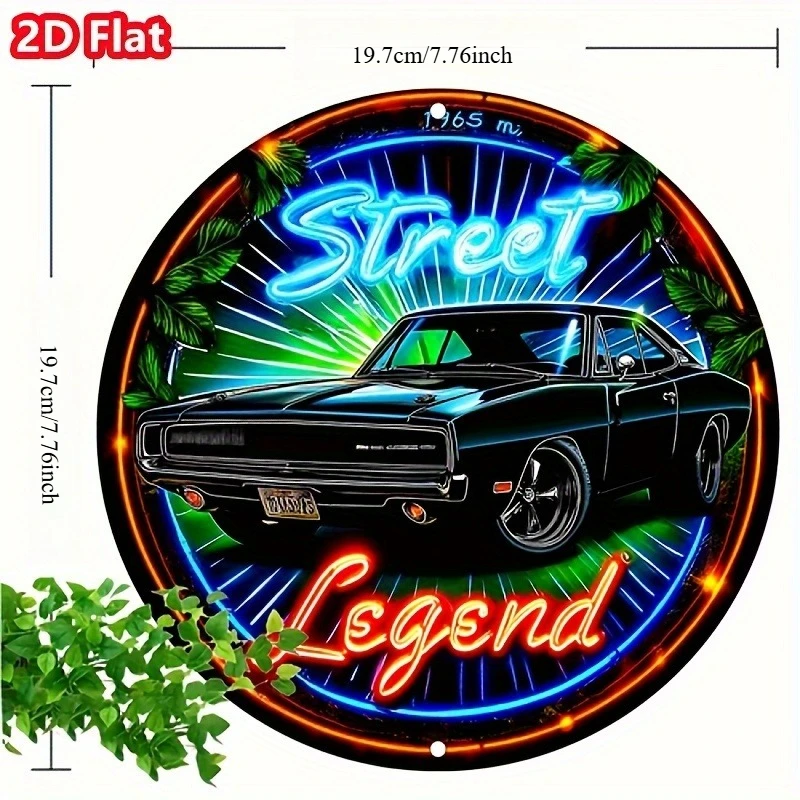 1pc, 2D Flat Printed Metal Sign Featuring a Retro Street Legend Car Design. This Round Wall Art Is Perfect for Decorating Garage