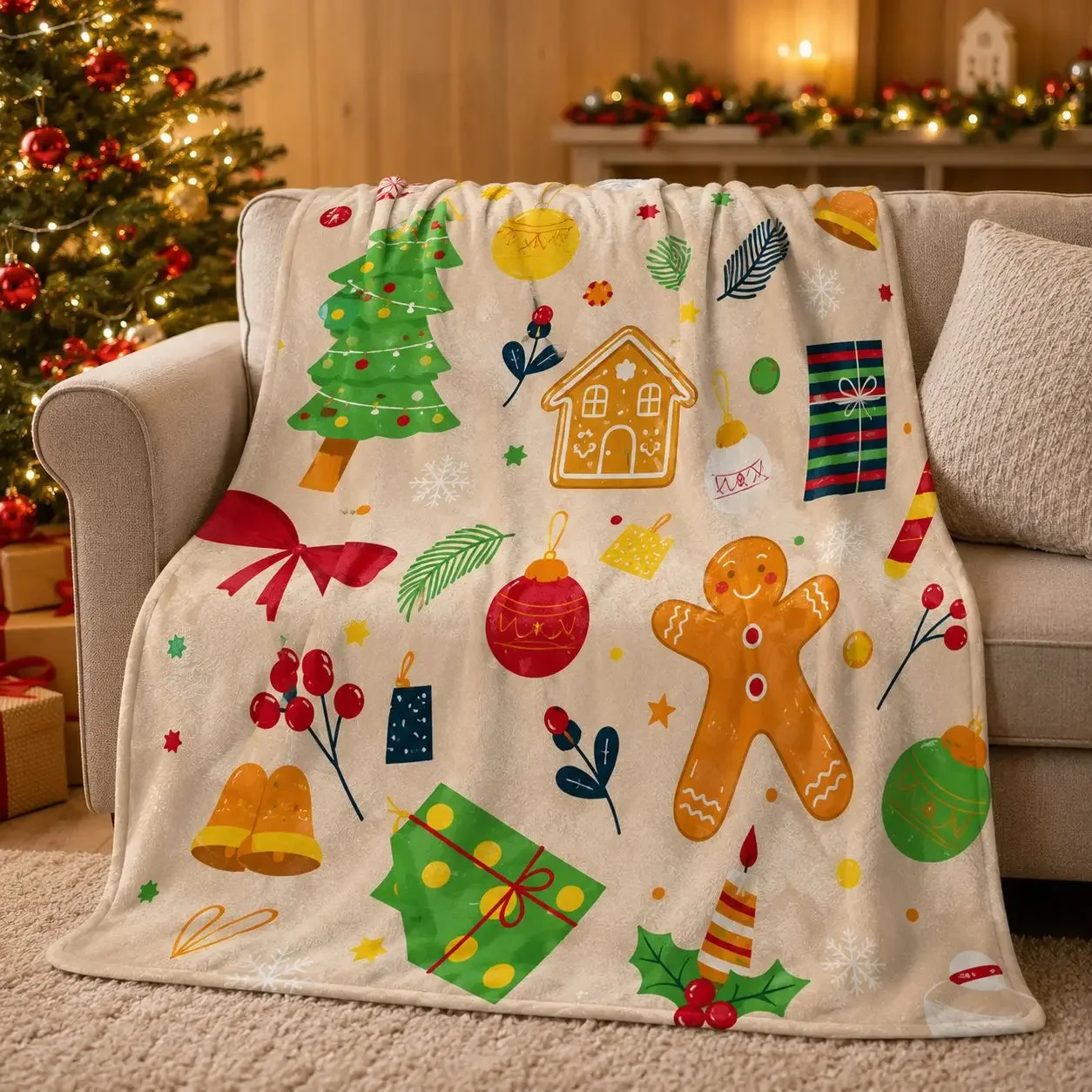 Merry Christmas Blanket Christmas Tree Gingerbread Man Red Flannel Blanket for New Year Christmas Gift for Family Nana Mon Dad