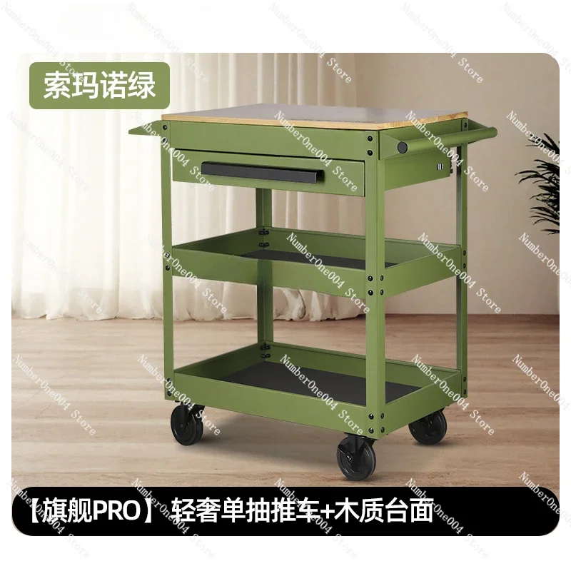 Applicable to trolley tools industrial wind multi-functional storage shelf sub-layer mobile home oil painting green forest