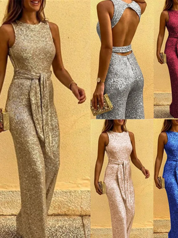 

Облегающий комбинезон с круглым вырезом и пайетками, с высокой талией, длинные брюки, из полиэфирного волокна, тонкая модель, для вечеринок