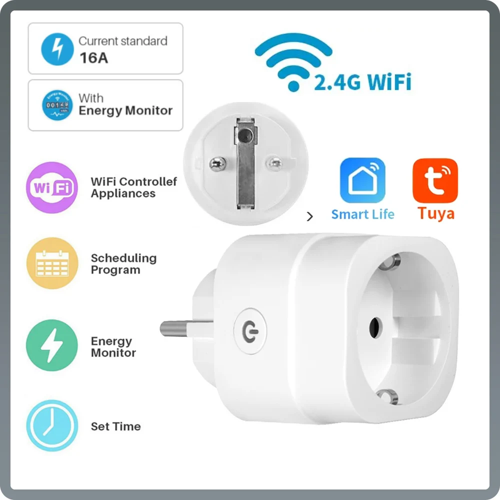 Wifi Smart Socket Timer Socket For Tuya Smart Life App,Amazon Alexa Google Assistant Voice Control EU Plug