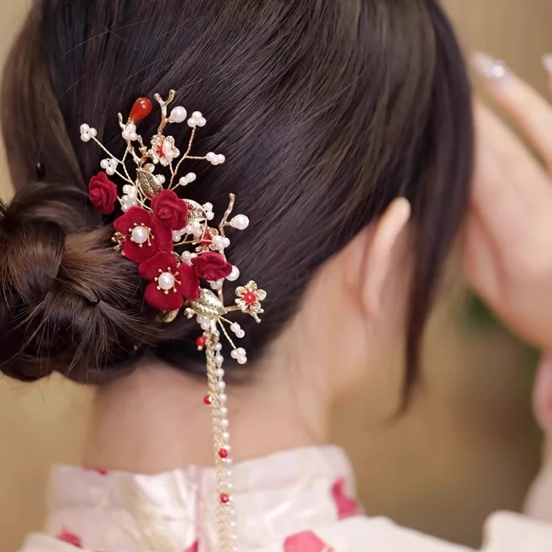 Peineta retro pequeño tocado de cártamo antiguo Hanfu disco pelo clásico cheongsam accesorios para el cabello