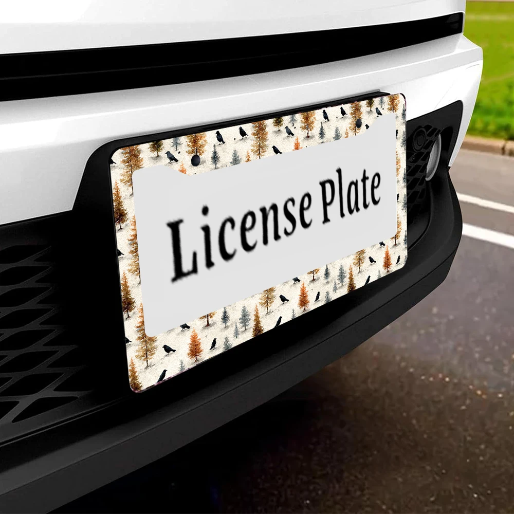 قطعة واحدة من إطار لوحة الترخيص ذو الفتحتين الرجعية مع نمط أشجار الخريف والطيور، مادة الألومنيوم، 6 × 12 بوصة، تتضمن مجموعة براغي، F #5