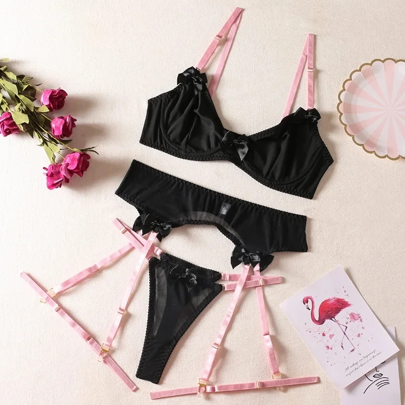 

Bikini Color Block Leg Ring Underwire Bra Garter Belt Bowknot Sexy Lingerie Three-Piece Set
