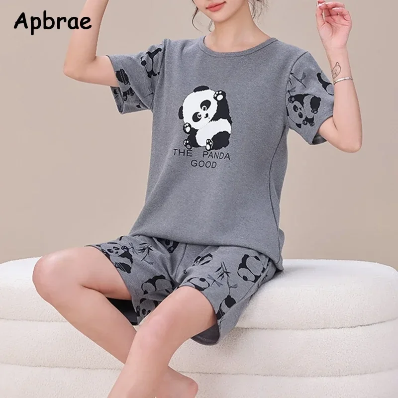 Apbrae Summer Cotton Short Sleeve Pajamas for Women Cute Cartoon Pajama Fashion Sleepwear Woman Pyjamas Ladies Loungewear