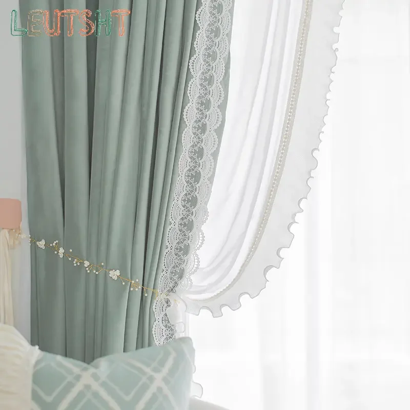2024New Avocado Green French Lace Princess Style Curtains Bedroom Living Room Bay Window Shading Curtains Modern and Simple