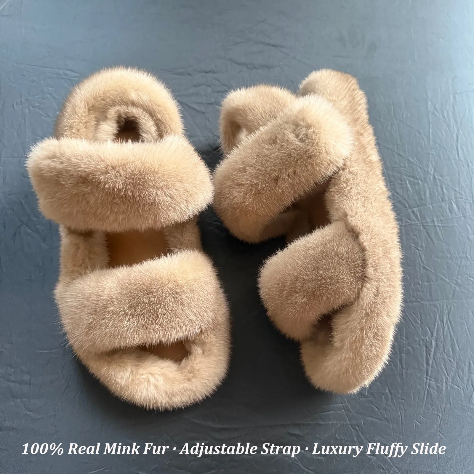 Luxury Real Mink Fur Slides Women Adjustable Strap Plush Furry Sandals Soft Warm Winter House Slippers