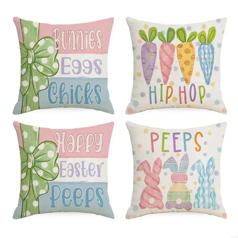 

4X7B Colorful Pillowcase Easter Rabbit Throw Pillow Cover Durability Linen Fibre