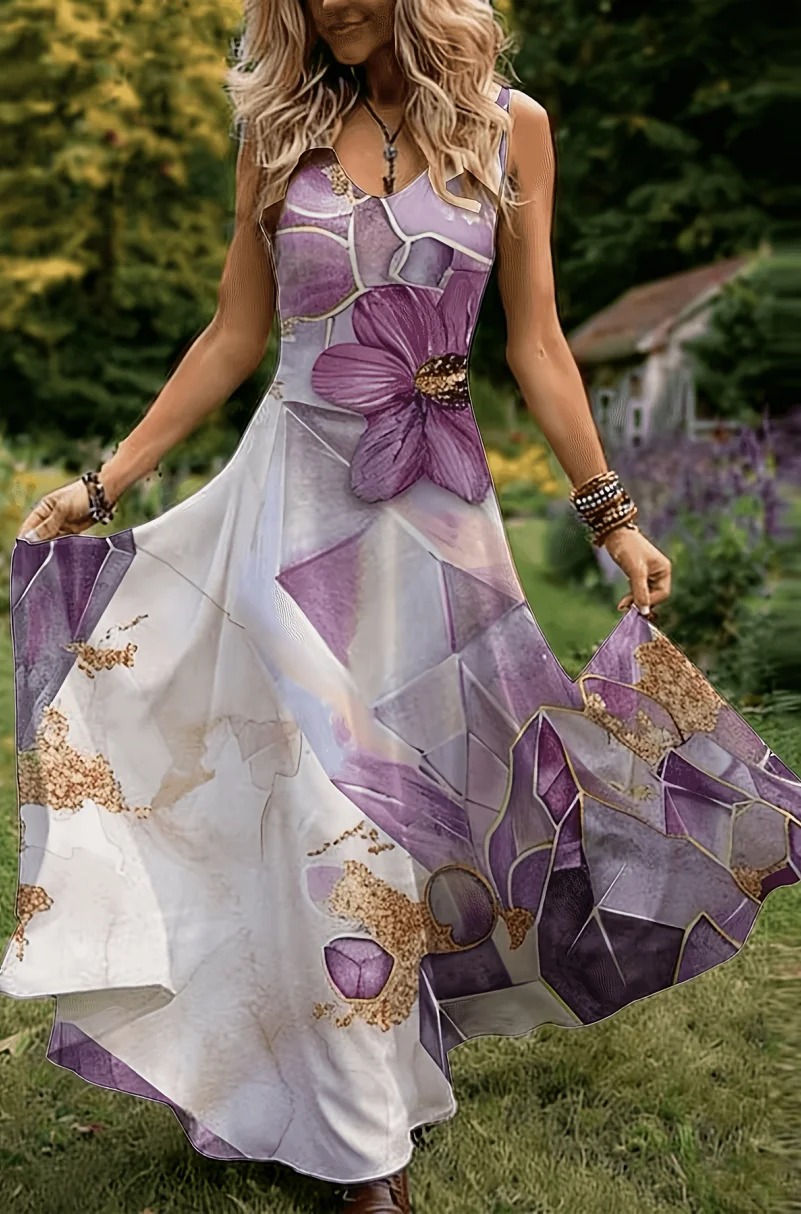 2D Flat Print Women's Vintage Elegant Vacation Sleeveless Dress, V-Neck Floral Print A-Line Flowy Long Dress, Machine Washable, Suitable for Casual Wear and Vacation Outfits, Easter Parties, Etc