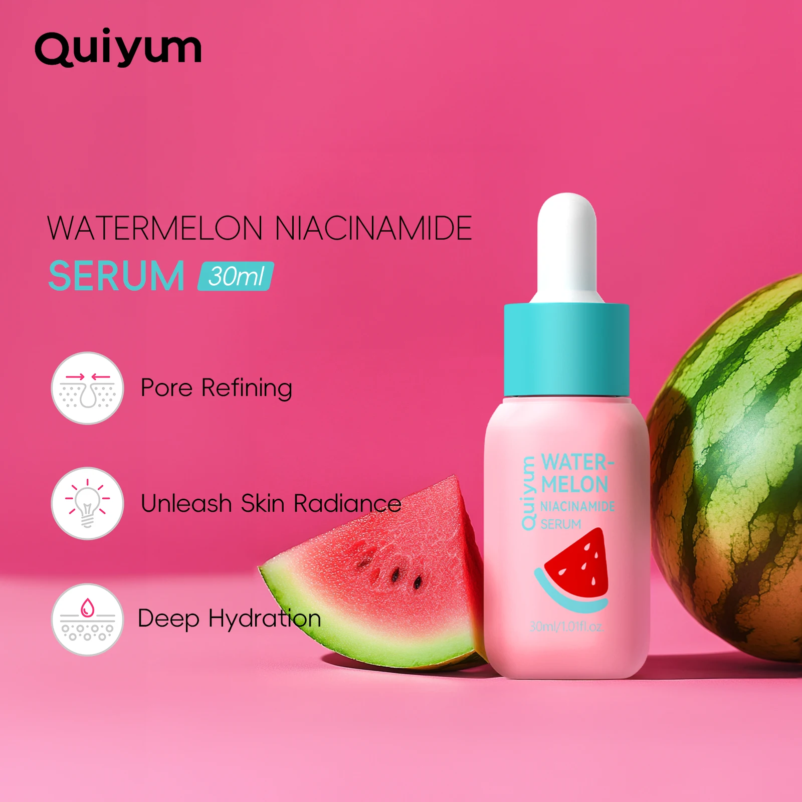Suero de Niacinamida con Extracto de Sandía Quiyum 30ml, Esencia Facial Refrescante e Hidratante Profunda, Unifica el Tono de Piel, No Grasoso, Cuidado Diario de la Piel