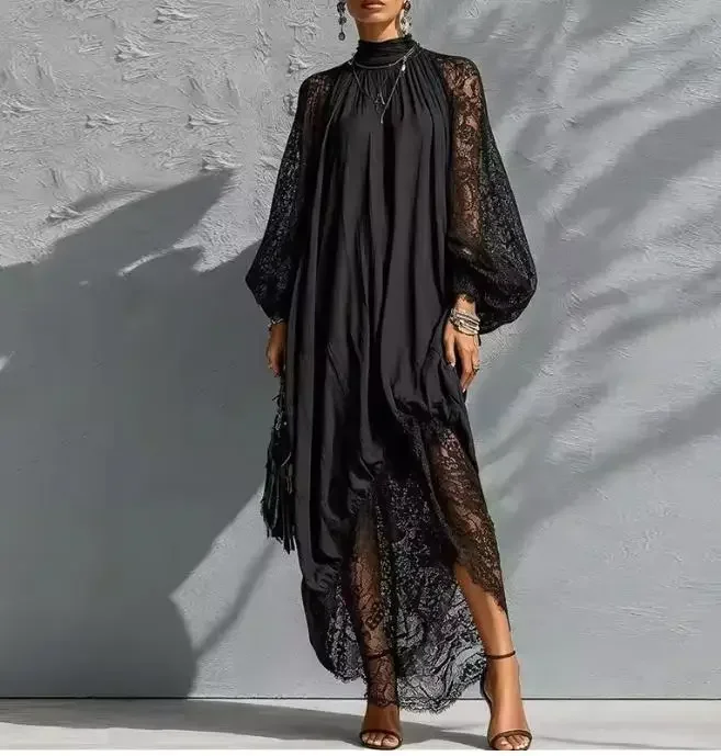 Women Lace Patchwork Maxi Dress High Neck Lantern Long Sleeve Loose Flowy Irregular Hem Evening Party Wedding Guest Long Dress
