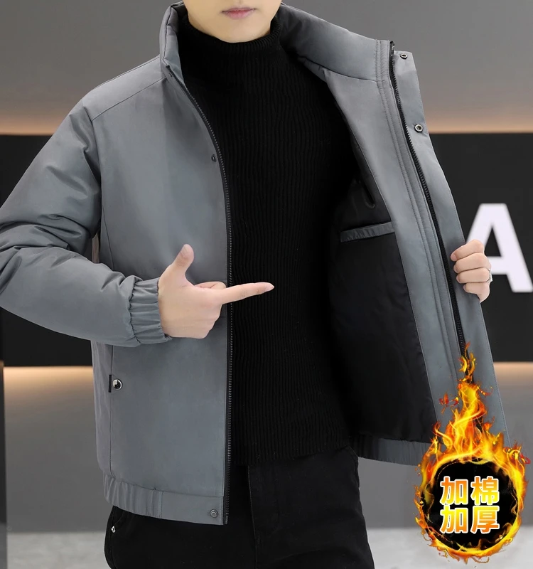 

Men's Winter Thiened down Cotton Jaet Stand Collar Warm Faionable High-End Feeling Outerwear Pure Color Youth Sle