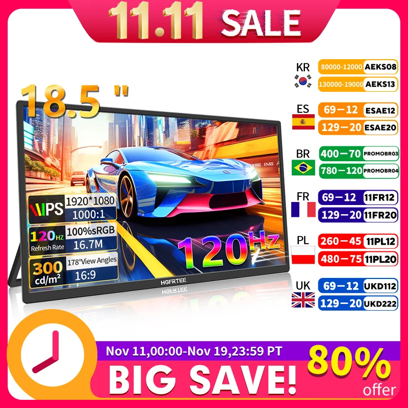 HGFRTEE 휴대용 게임 모니터 18.5인치 1080P 16:09 120Hz 100%sRGB 300Cd/m² 맥북 노트북 PC 게임 콘솔용 여행용 스크린