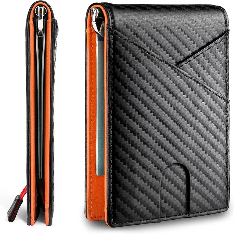 Men's Slim Thin Bank ID Credit Card Carbon Fiber Rfid Luxury Wallet Genuine Leather Small Short Purse Bag Red Black Card Holders