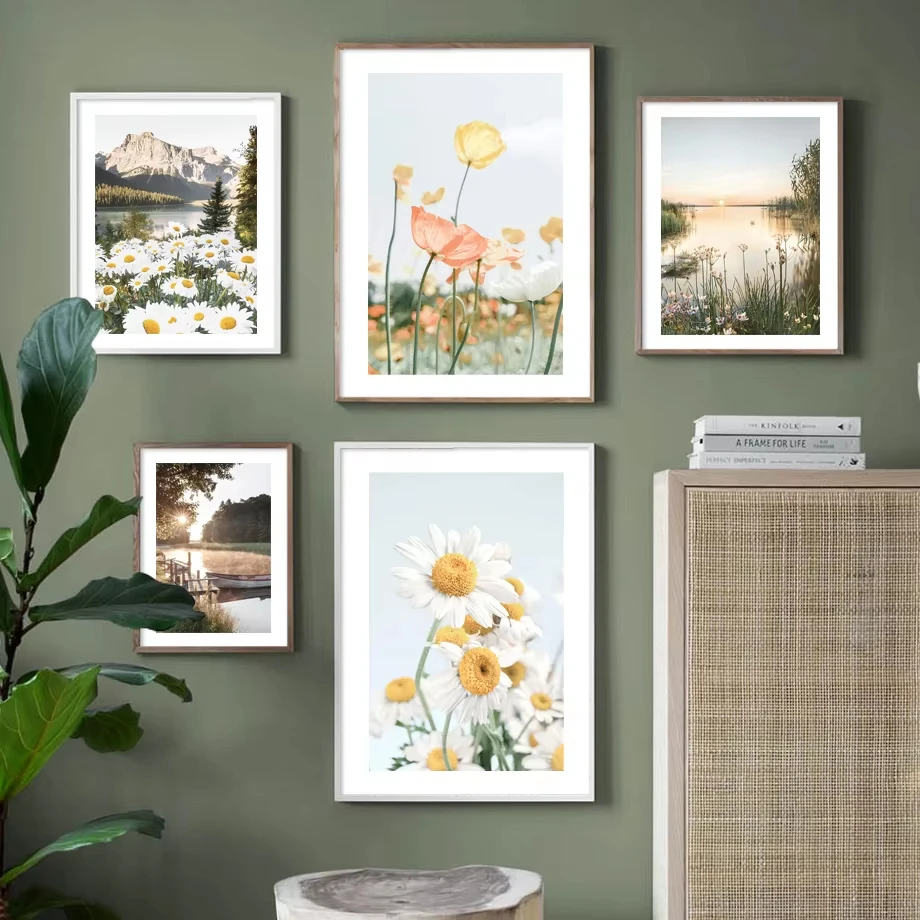 Daisy Poppy Sonnenaufgang Pier Wand Kunst Sommer Morgenröte Poster Drucken Natürliche Ölgemälde Nordic Wohnzimmer Dekoration Bilder