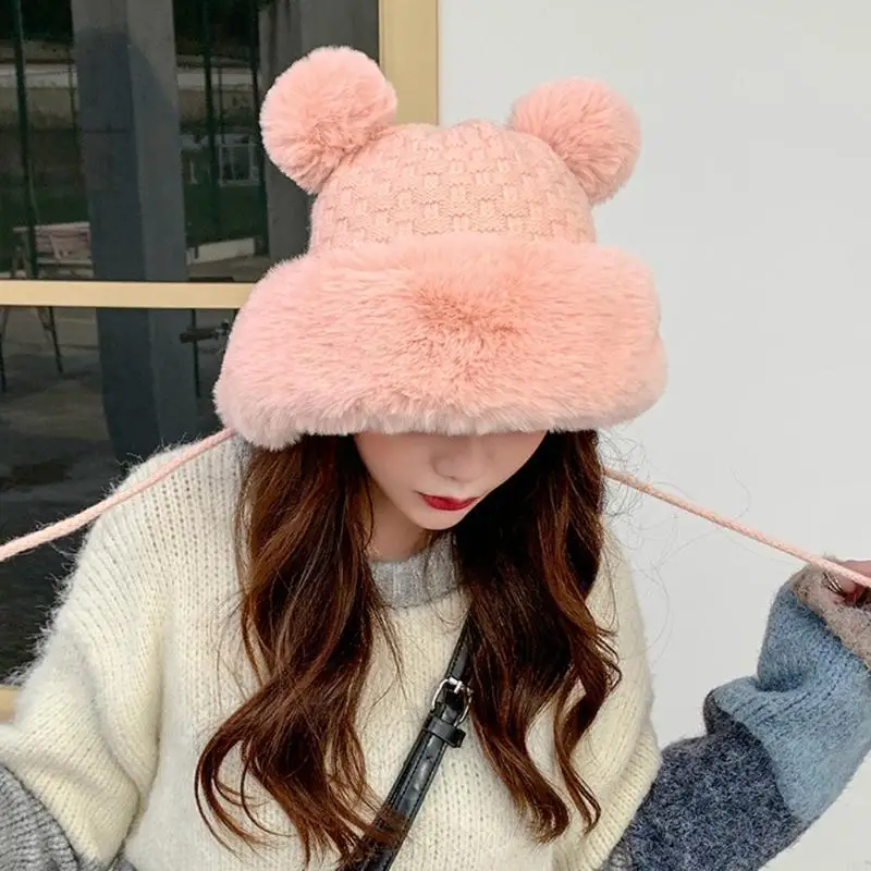 قبعة صوفية دافئة حلوة من القطيفة على شكل كرة دلو قبعة متماسكة قبعة دافئة للأذنين في خريف وشتاء
