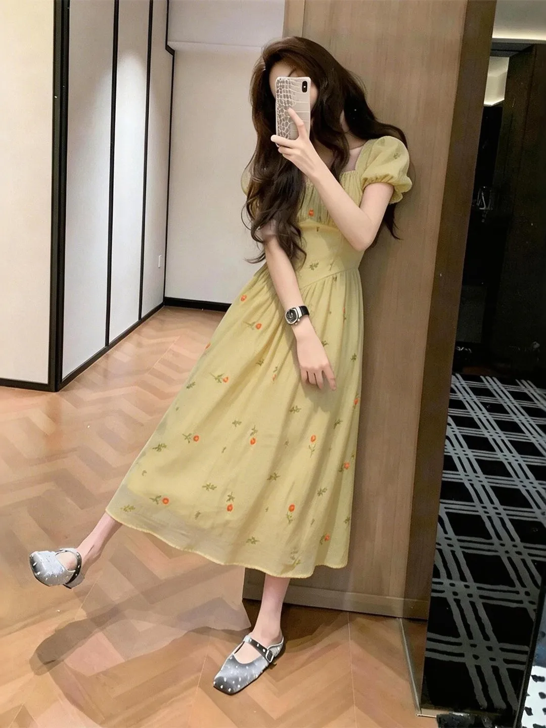 

Sweet Floral Print Slimming Waist Dress Gentle Style Summer Fashion Long Skirt Soft Polyester Fiber Short Sleeve Women's Dress