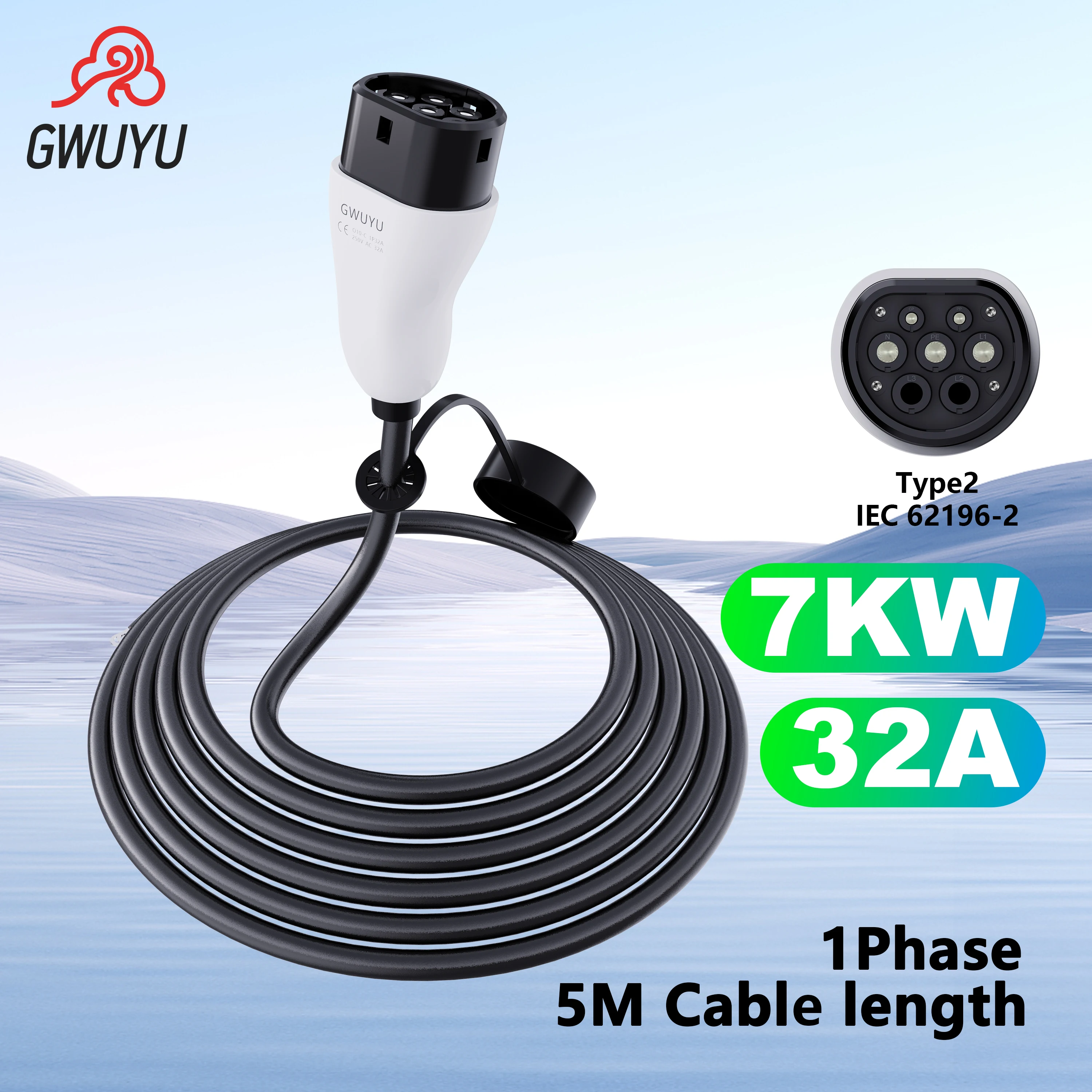 GWUYU O10 EV Charging Extension Cable 5M Type 2 3.5 KW 7KW 11KW 22 KW 16A 32A 3 Phase 480V for Electric Vehicle Charger Station