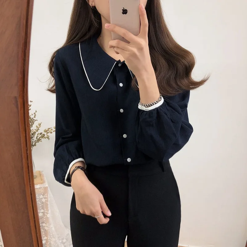 Button Up Shirts Women Retro Sweet All-match High Street Fashion Gentle Peter Pan Collar Long Sleeve Blouses Girls Preppy Style