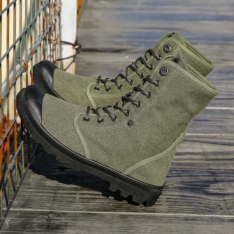 Bottes militaires décontractées en toile pour hommes, chaussures montantes, manchette à plateforme, rinçage, nouvelle tendance, 2024