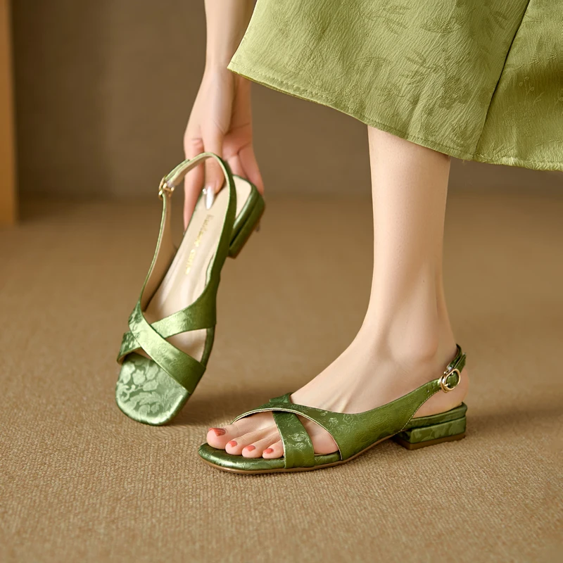 Handmade Genuine Leather Women Sandals Square Heel Shoes One-Word Buckle Mules Sexy Heels Sandals Open Toe China Retro