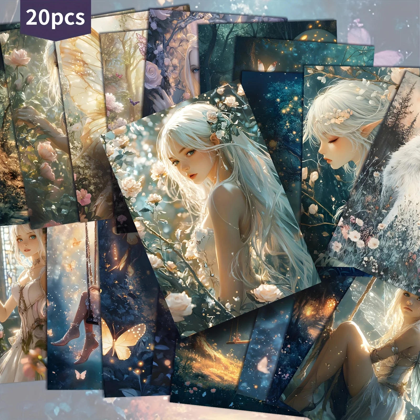 20PCS Fantasy Fairy Elf Postcards, Collectible Fantasy Art Cards, Suitable for Scrapbook Supplies and Quirky Illustrations
