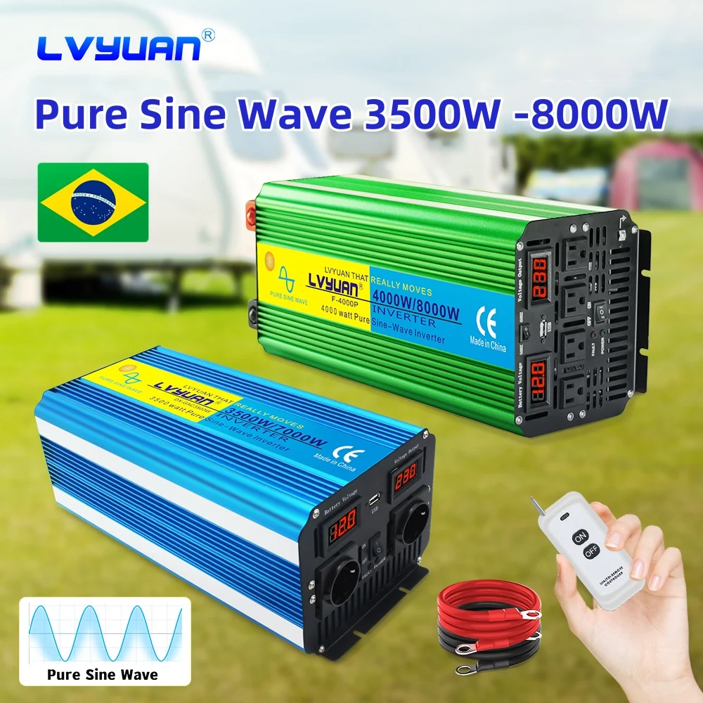 Pure Sine Wave Inverter DC12V/24V to AC110V/220V 3500/7000W 4000/8000W 50Hz/60Hz LED Remote Control Multiple Sockets Converter