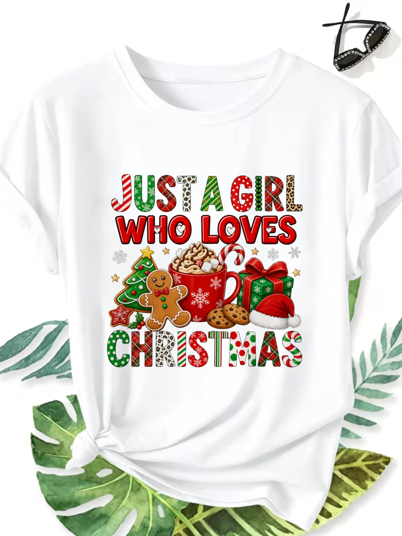 Women's Oversized Crew Neck T-Shirt, One 100%, Comfortable And Soft T-shirt, Women's 4 Season Basic Tees, Just A Who Loves Christmas Pattern, Popular Printed with Fun Prints, Local Delivery