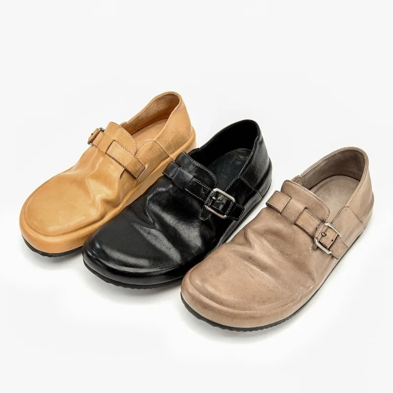 Handmade Summer Washed Vintage Breathable Slip on Loafers Men's Casual Leather Shoes Male Outdoor Sport Thick Sole Oxfords