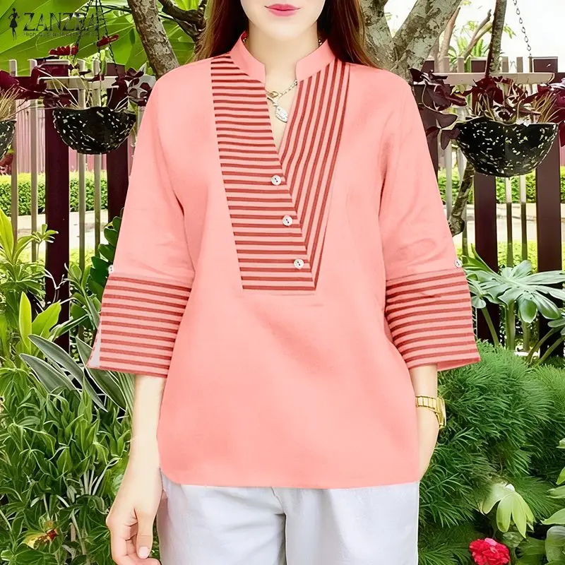 

Летние женские свободные блузки ZANZEA в полоску с V-образным вырезом и рукавами 3/4, повседневные винтажные топы контрастных цветов.