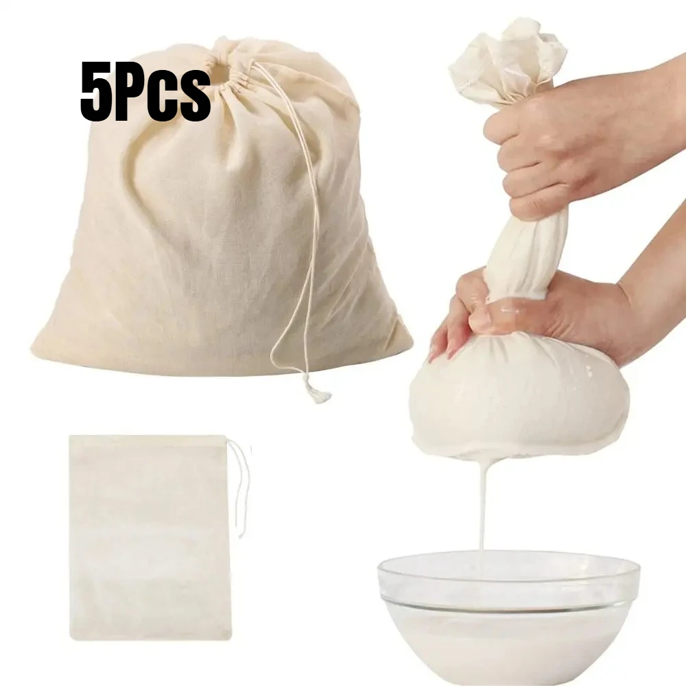 5 Sacos Reutilizáveis de Pano de Queijo para Coar Leite Vegetal, Sacos para Cold Brew, Sacos para Chá, Iogurte e Café, Sacos Filtrantes
