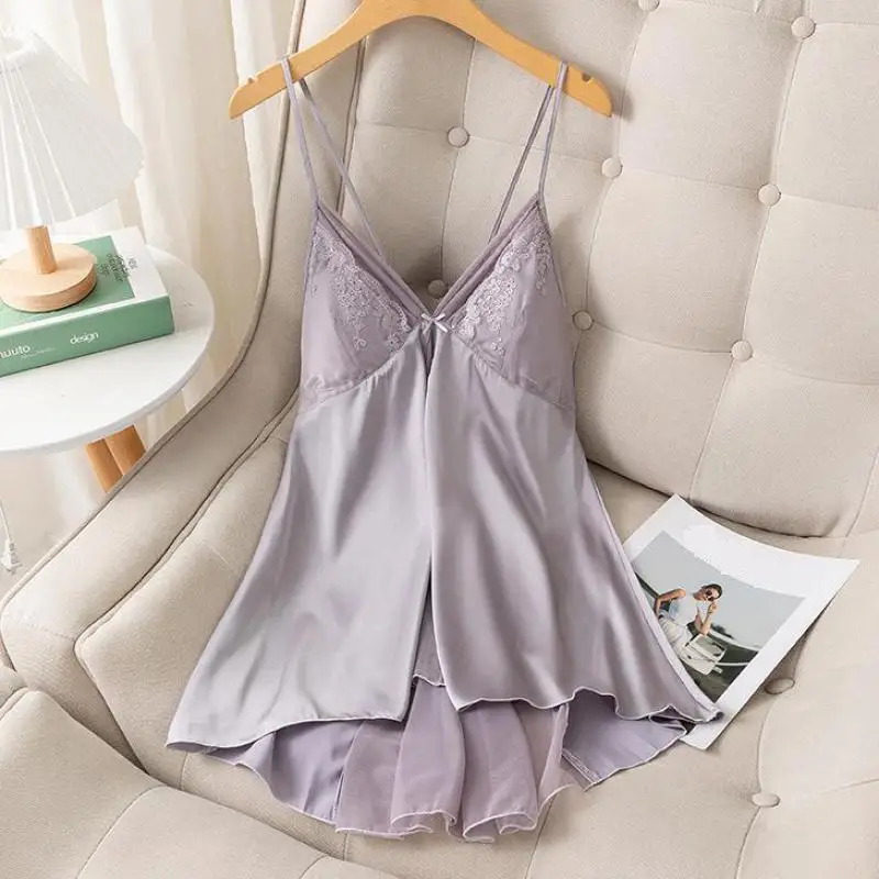 Lace Suspender Nightgown Dress Sleepwear Women Silky Satin Nightdress Sexy Backless Strap Sleepdress Nightwear Summer Home Wear