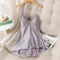 Lace Suspender Nightgown Dress Sleepwear Women Silky Satin Nightdress Sexy Backless Strap Sleepdress Nightwear Summer Home Wear