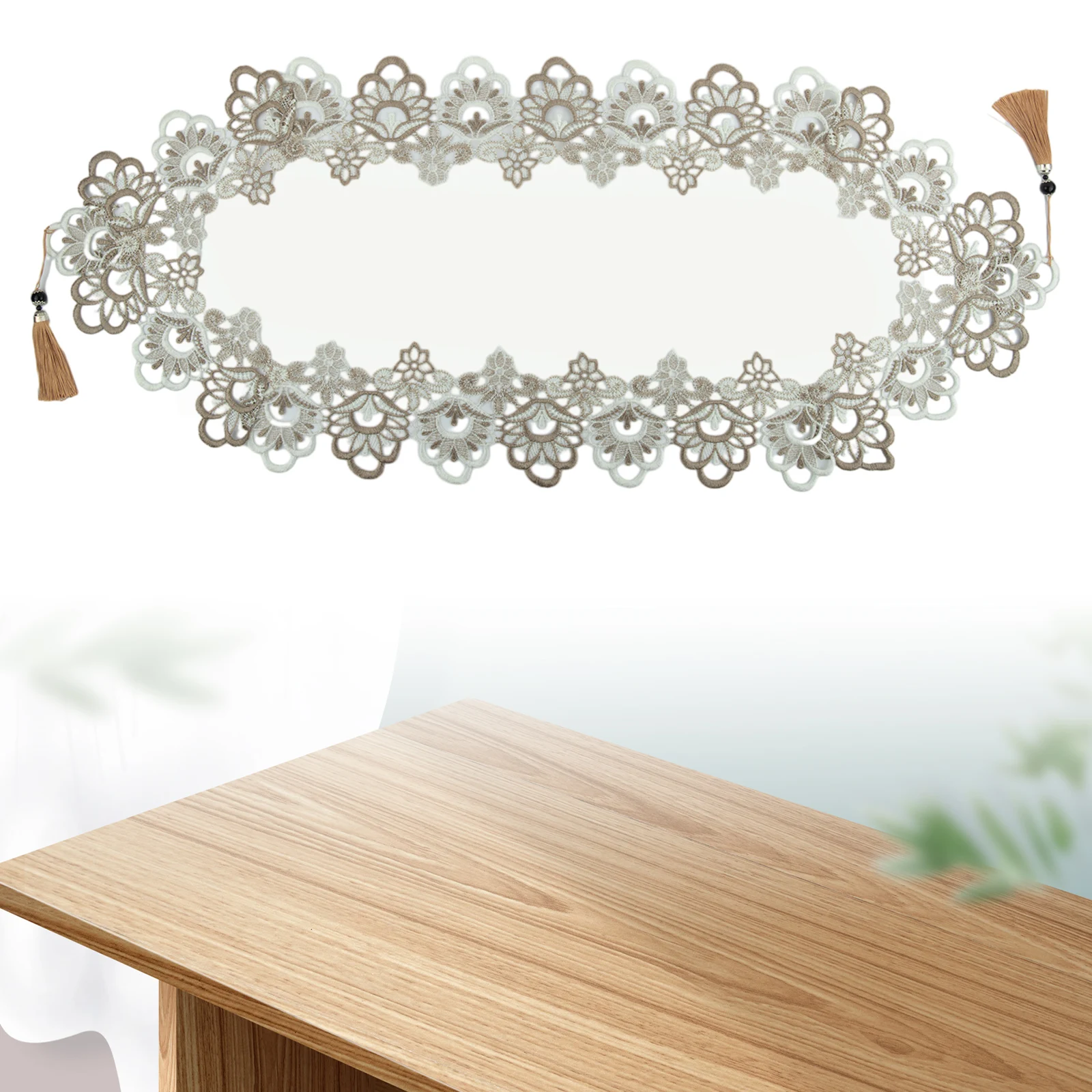 Lace Crochet Tablecloth with Pendant Tassels Dust Cover for Tea Table TV Cabinet and Dresser and Heat Resistant