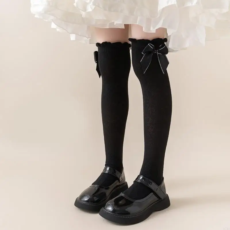 97BE Calcetines transpirables con ribete volantes y lazo sobre rodilla, calcetines suaves para eventos escolares
