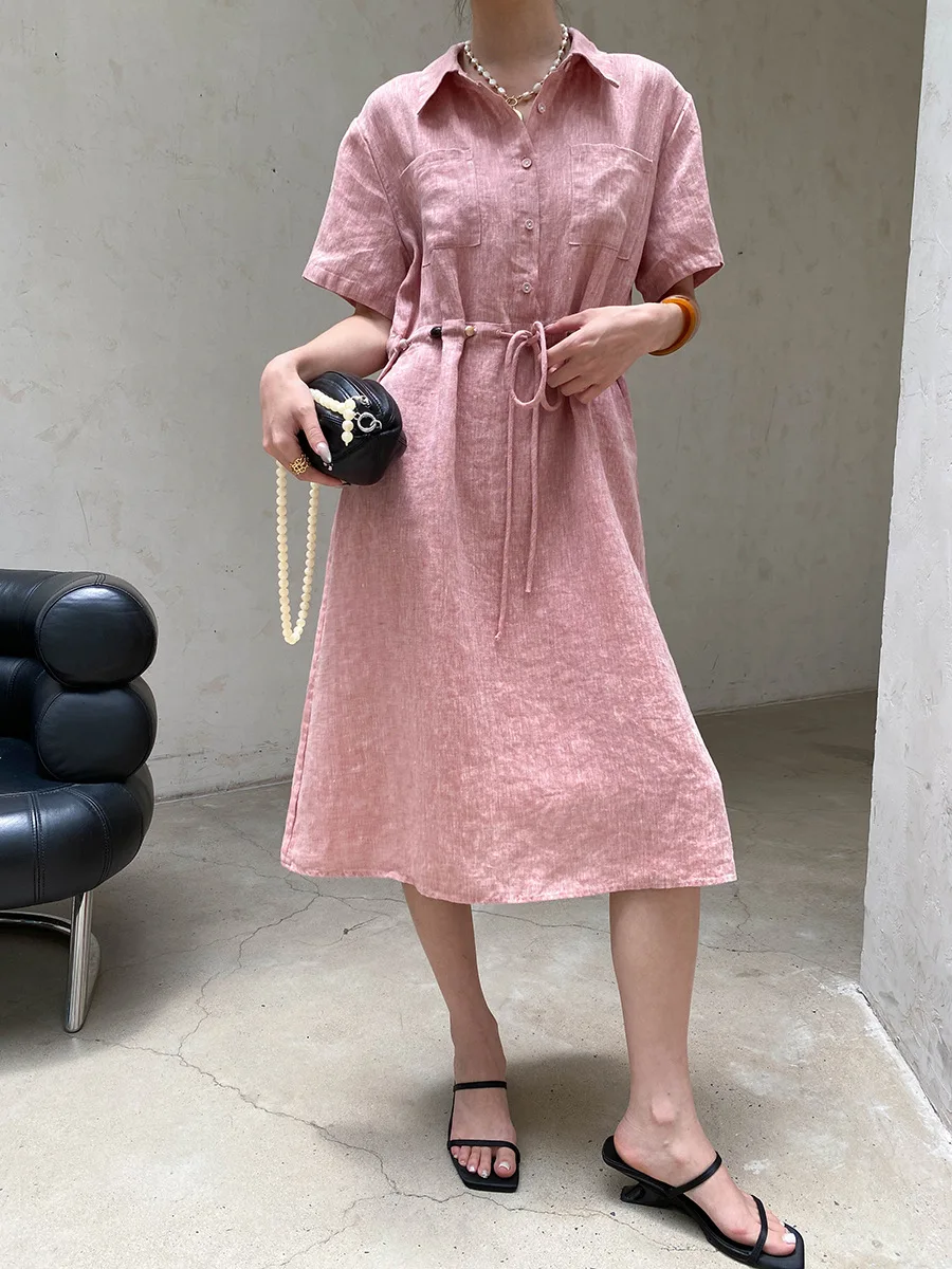 Sommerliches Damen-Freizeitkleid in Uni-Farbe mit Perlenbesatz, Kordelzug und tailliertem Schnitt – Detail 30