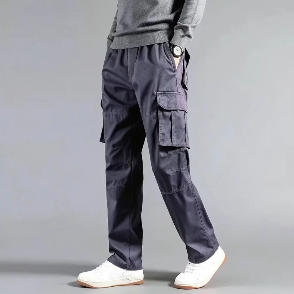 Mens Cargo Trousers Solid Color Loose Fit Straight Leg Multi Pocket Streetwear Casual Tactical Outdoor Work Pants