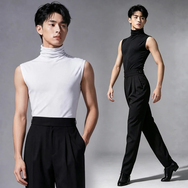 New Latin Dance Clothes Boy High Neck Sleeveless Top Black Pants Male Latin Performance Costume Rumba Dancing Practice Wear 4065