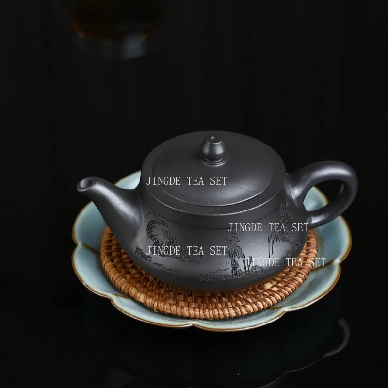 

300ml Earthenware Pot of Yixing Large Capacity Mesh Curved Pot Home Carved Landscape Style Teapot Chinese Kung Fu Teapot
