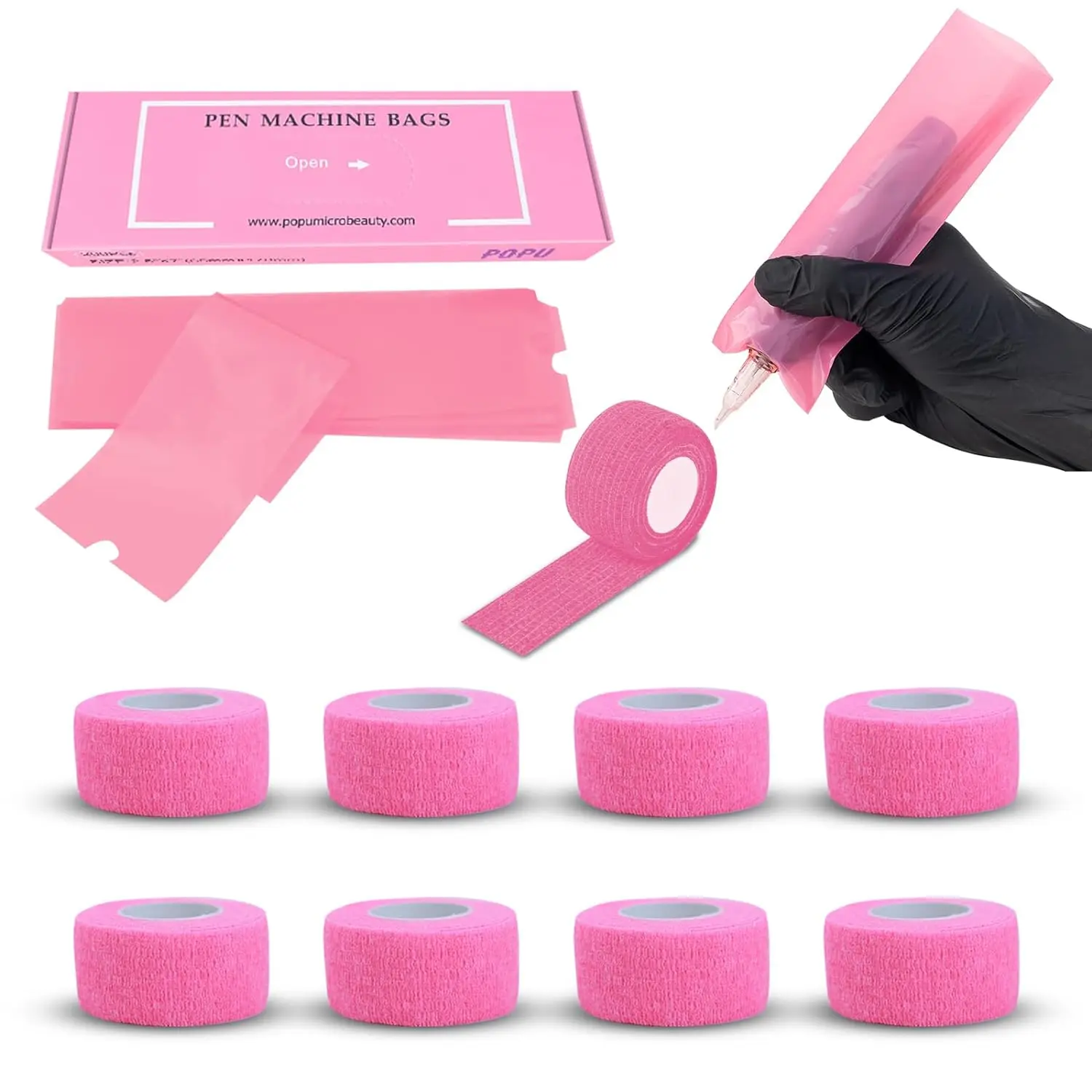 

9 шт. (1 дюйм х 5 ярдов), оберточная тату-ручка с 200 шт. (2,0 дюйма х 6,4 дюйма), одноразовые чехлы для тату-машинки, товары для татуировок