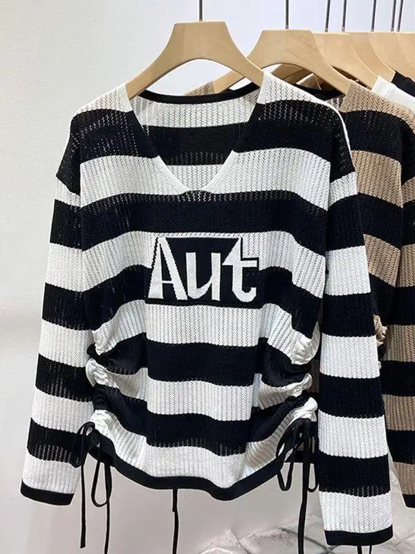 Women's Knitted Long Sleeve Striped T-Shirt Hollow out Drawstring Casual Commute Shirt Spring New Design Color Block Top