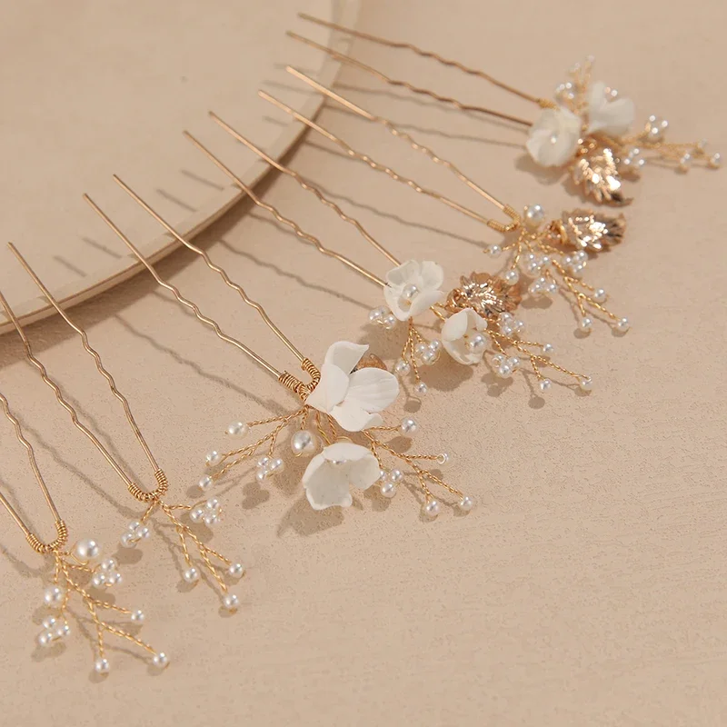 Delicate Ceramic Flower Pearls Hair Pins Set Bridal Piece Fashion Wedding Prom Girls Bobby Pin  Jewelry