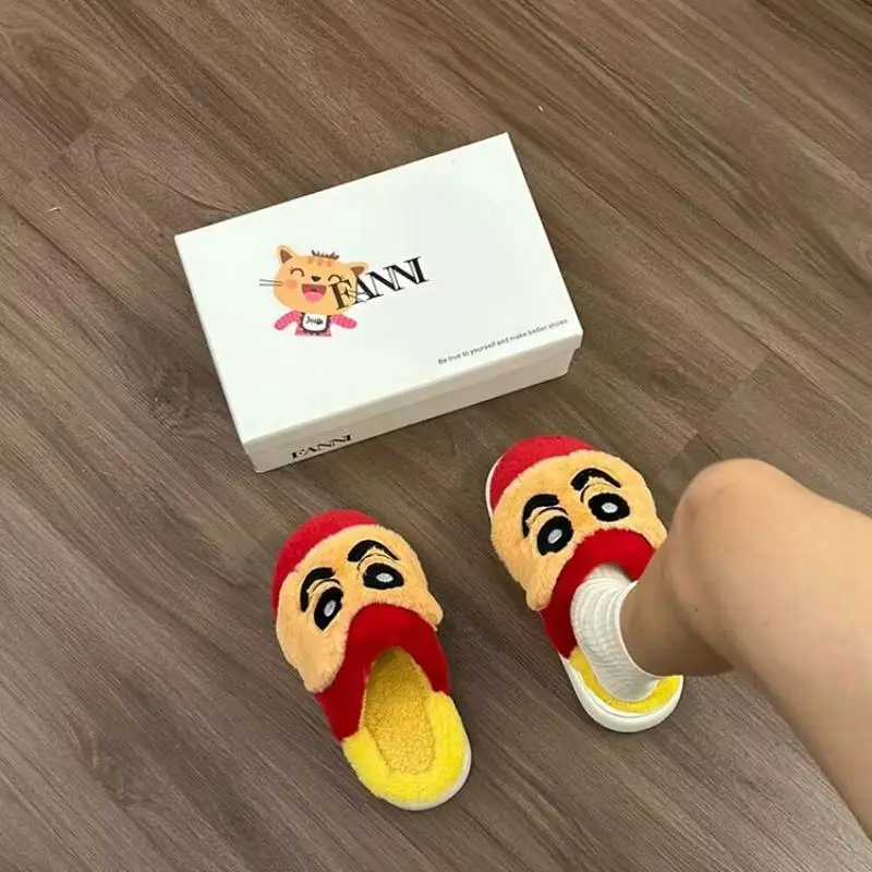 Kawaii Crayon Shin-Chan Anime Cartoon Plush Cotton Slippers for Girls Home Thick-Soled Home Shoes